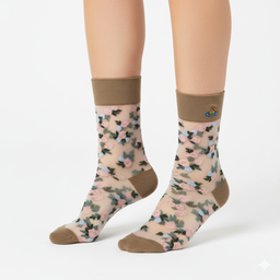 [20015] - 3 Pairs Women’s Sheer High-Cut Crew Socks – Breathable Floral Motifs