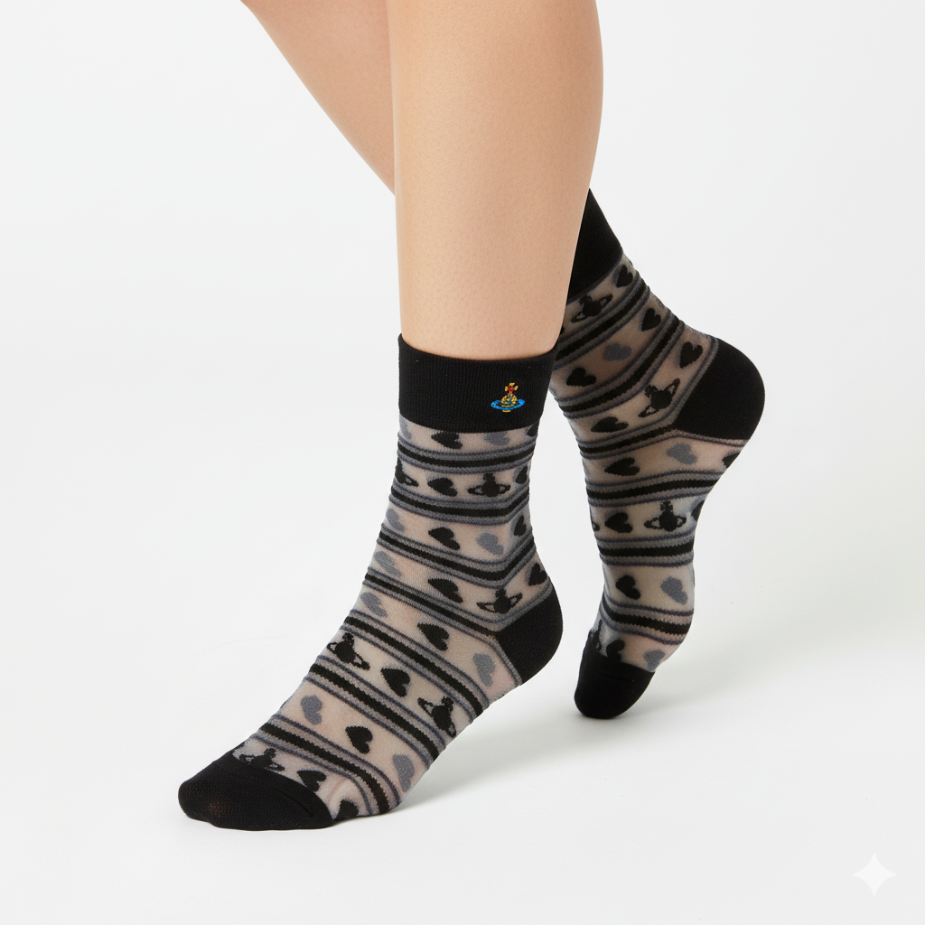 [20019] - 3 Pairs Women’s Sheer High-Cut Crew Socks – Breathable Floral Motifs