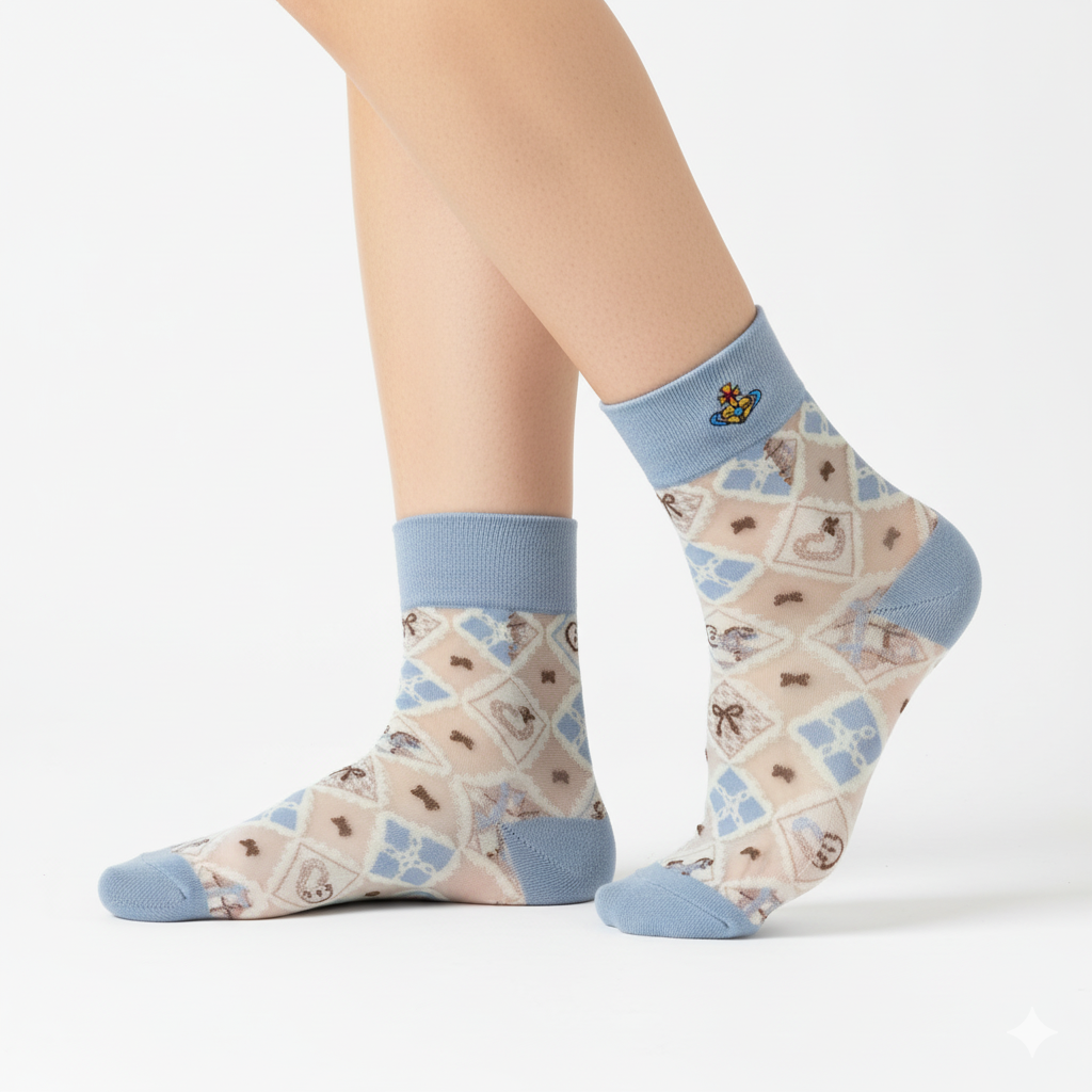 [20021] - 3 Pairs Women’s Sheer High-Cut Crew Socks – Breathable Floral Motifs