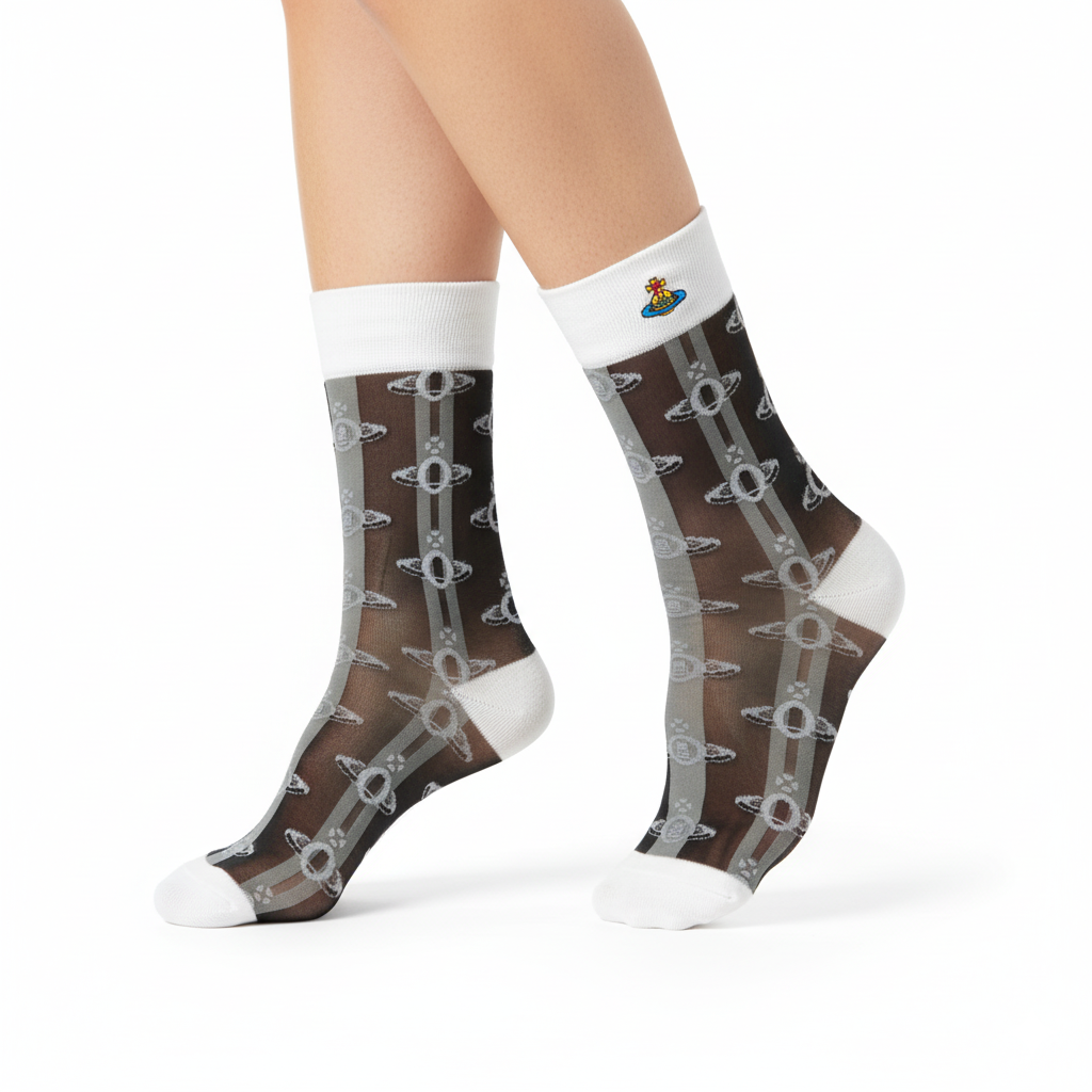 [20022] - 3 Pairs Women’s Sheer High-Cut Crew Socks – Breathable Floral Motifs, Neutral Tones