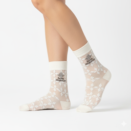 [20024] - 3 Pairs Women’s Sheer High-Cut Crew Socks – Breathable Floral Motifs