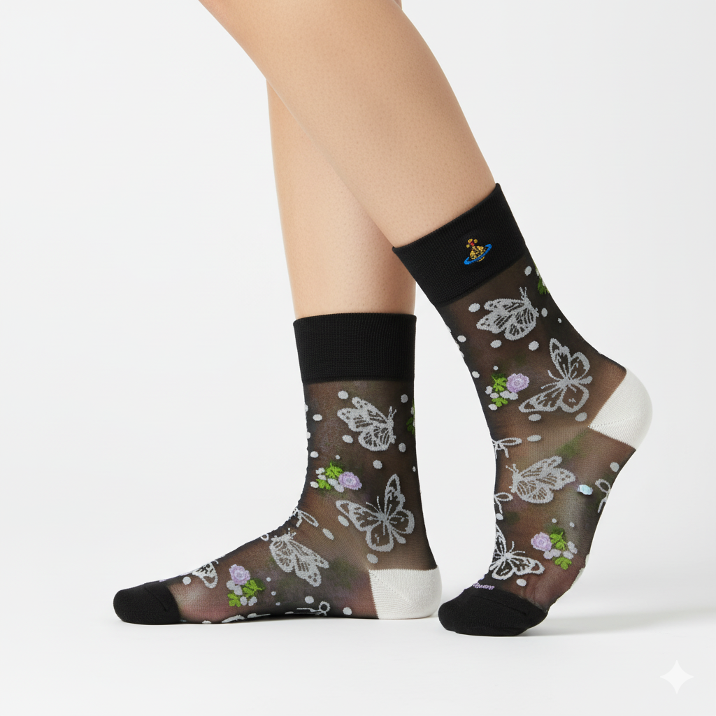 [20027] - 3 Pairs Women’s Sheer High-Cut Crew Socks – Breathable Floral Motifs, Neutral Tones