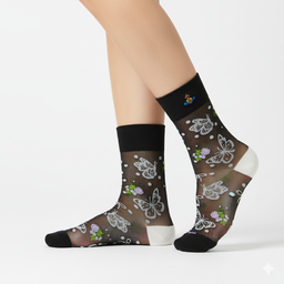 [20027] - 3 Pairs Women’s Sheer High-Cut Crew Socks – Breathable Floral Motifs, Neutral Tones