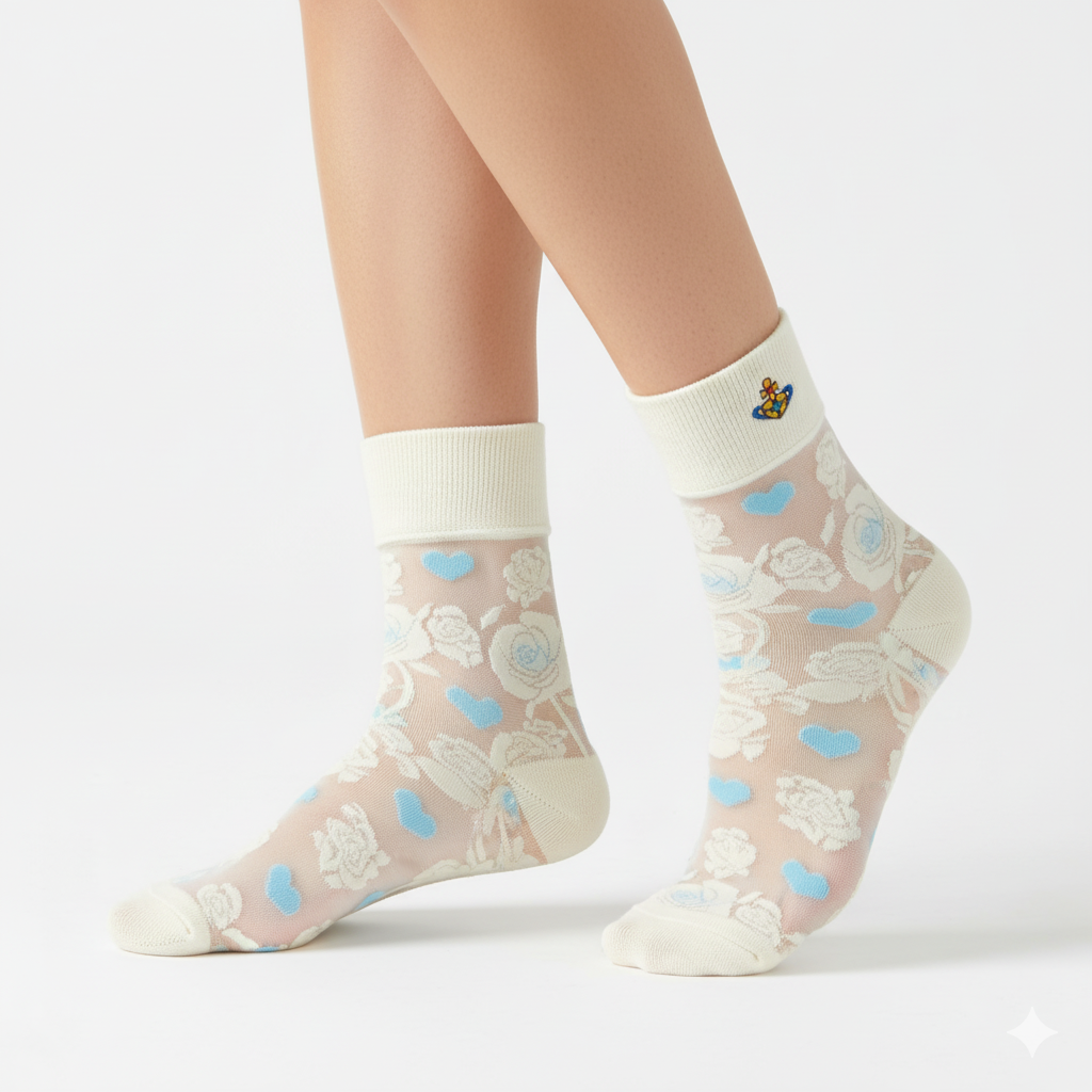 [20029] - 3 Pairs Women’s Sheer High-Cut Crew Socks – Breathable Floral Motifs