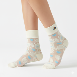 [20029] - 3 Pairs Women’s Sheer High-Cut Crew Socks – Breathable Floral Motifs