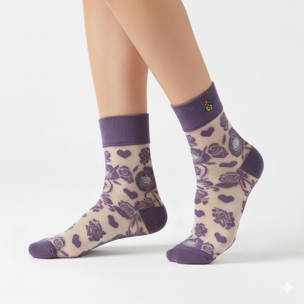 [20030] - 3 Pairs Women’s Sheer High-Cut Crew Socks – Breathable Floral Motifs, Neutral Tones