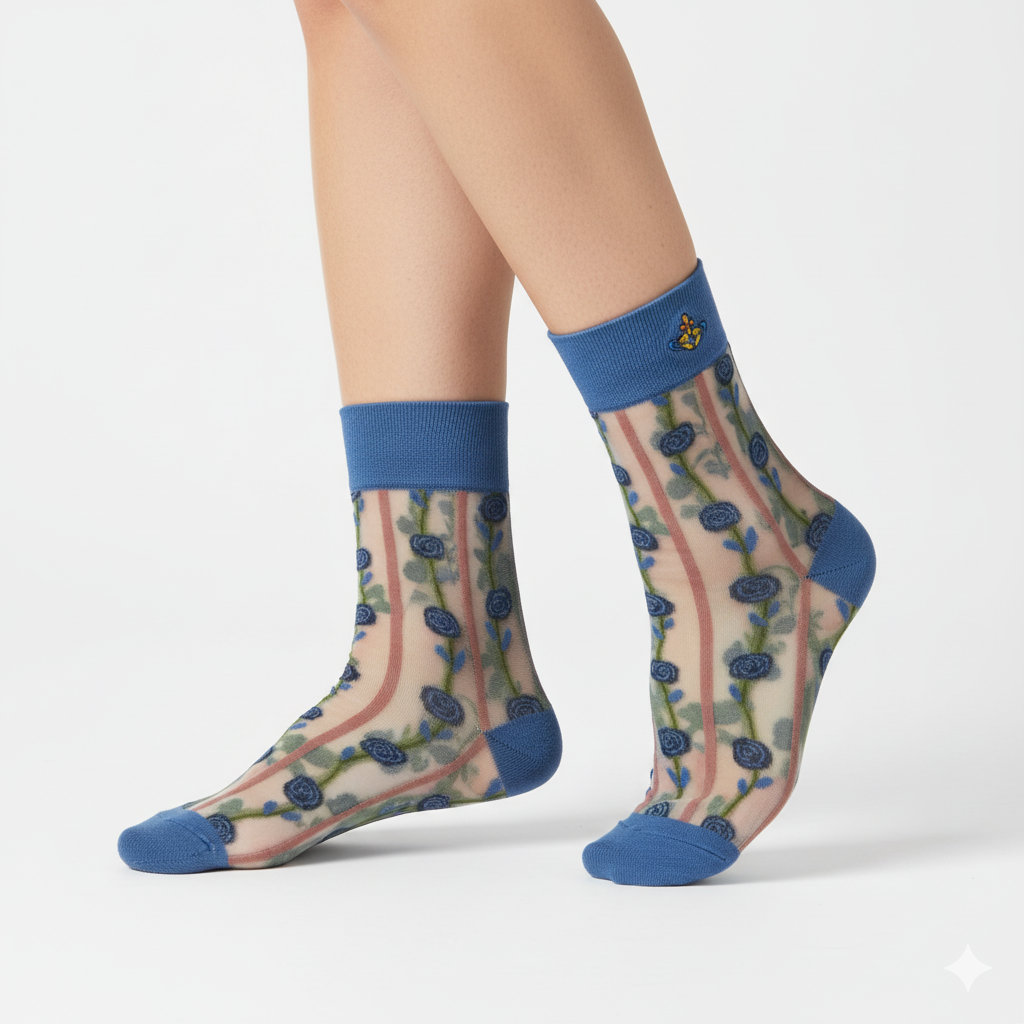 [20032] - 3 Pairs Women’s Sheer High-Cut Crew Socks – Breathable Floral Motifs