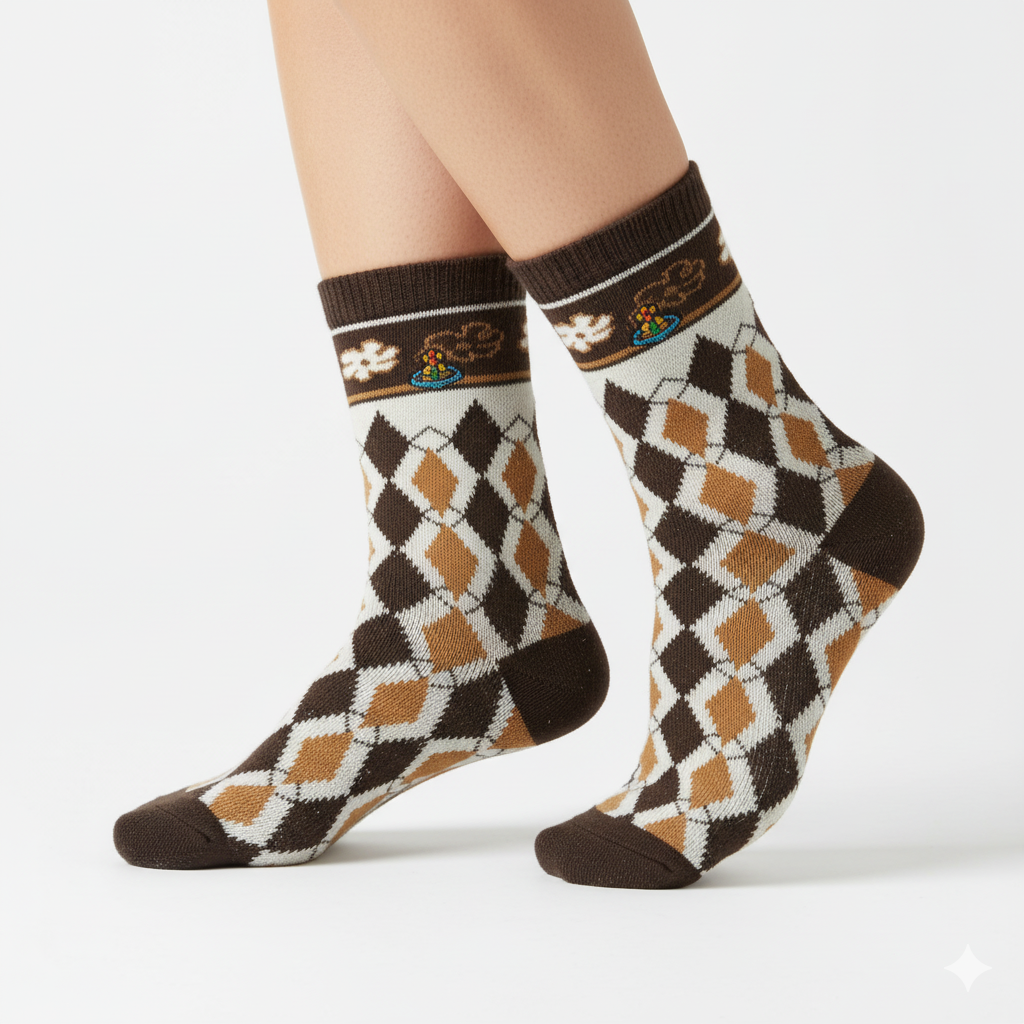 [20037] - 3 Pairs Women’s Cotton Blend High-Cut Crew Socks – Breathable Stripes/Shapes & Everyday Comfort