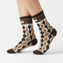 [20037] - 3 Pairs Women’s Cotton Blend High-Cut Crew Socks – Breathable Stripes/Shapes & Everyday Comfort
