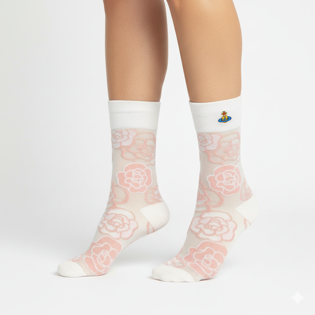 [20010] - 3 Pairs Women’s Sheer High-Cut Crew Socks – Breathable Floral Motifs_0