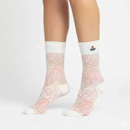 [20010] - 3 Pairs Women’s Sheer High-Cut Crew Socks – Breathable Floral Motifs