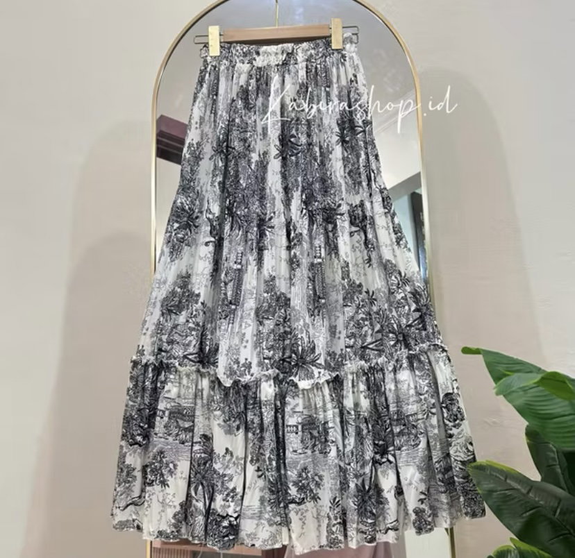 ￼Rok Plisket Tutu Plisket Rempel Motif Bunga Wanita Korea style Long Skirt_4