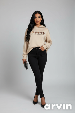 Heart & slogan graphic beige drawstring hoodie