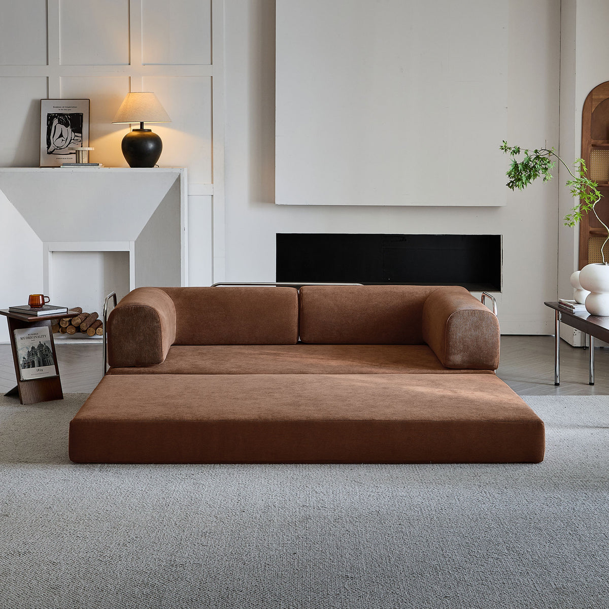 Compression Sofa Bed – Convertible Corduroy Couch in Chestnut Brown_9