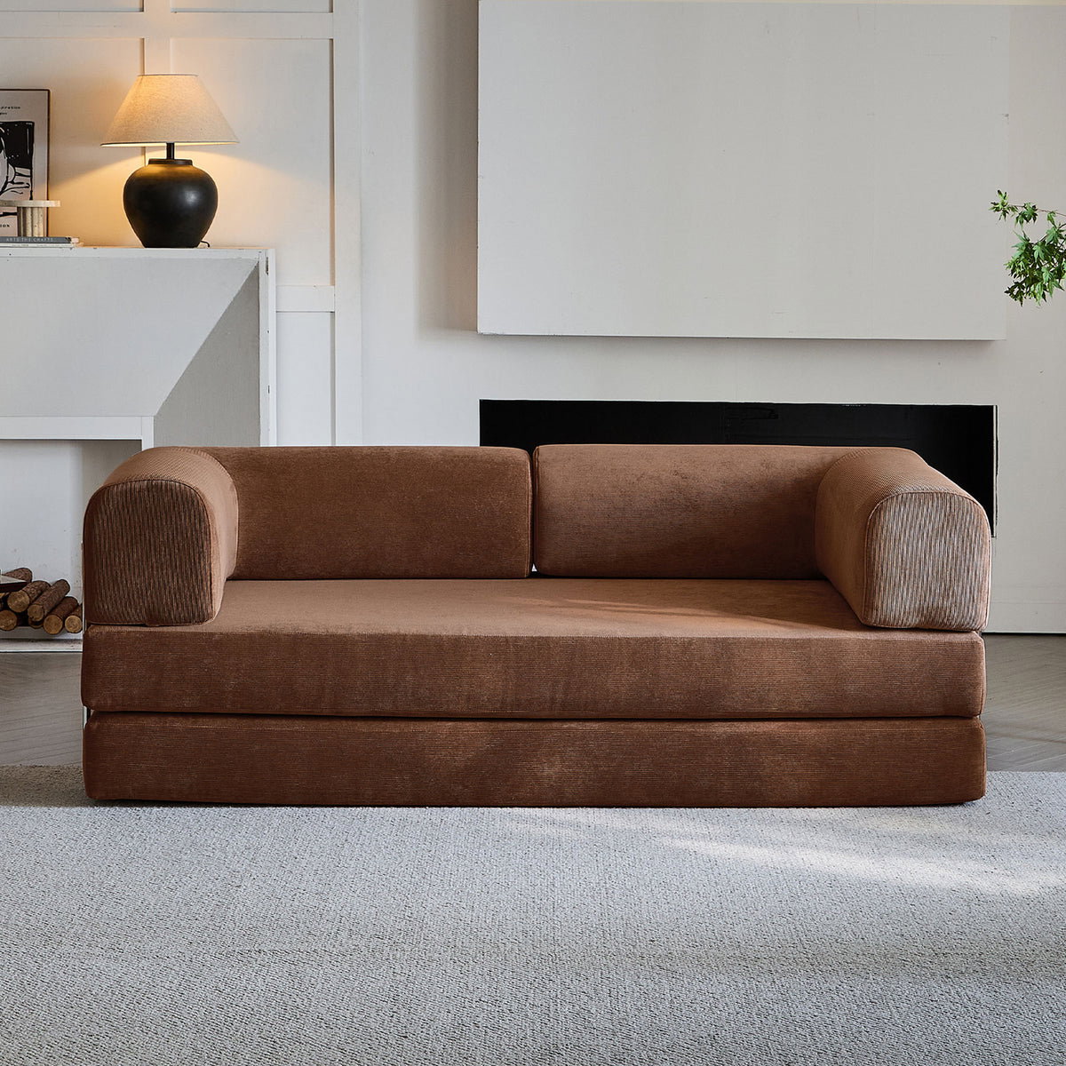 Compression Sofa Bed – Convertible Corduroy Couch in Chestnut Brown_1