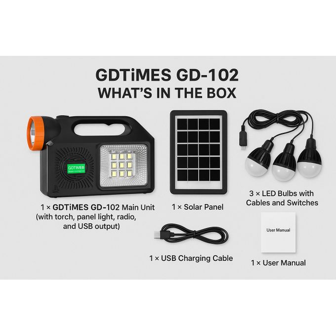 Solar Lighting Kit With 3 LED Bulbs, Radio, Torch & USB Charging_0