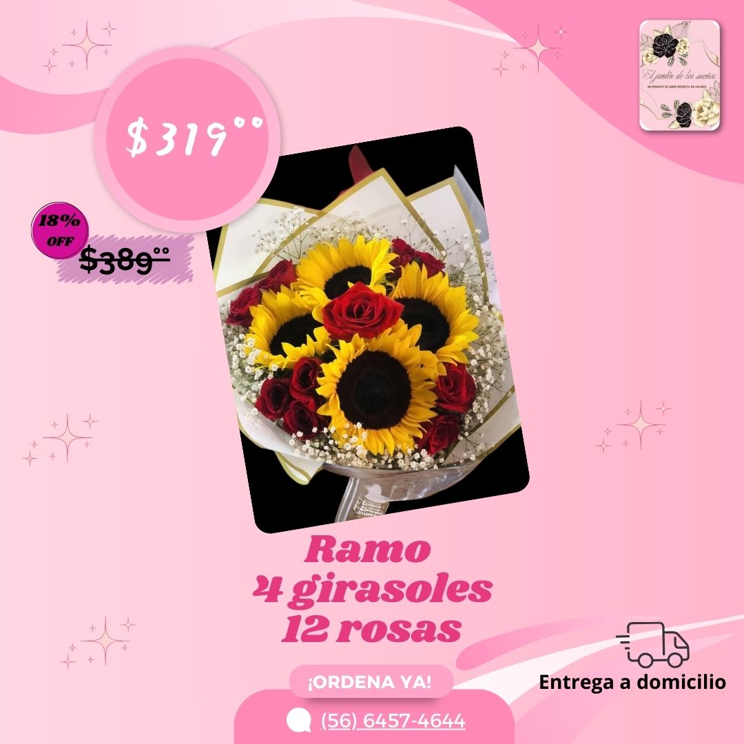 RAMO 4 GIRASOLES Y 12 ROSAS