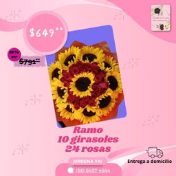 RAMO 10 GIRASOLES, 24 ROSAS