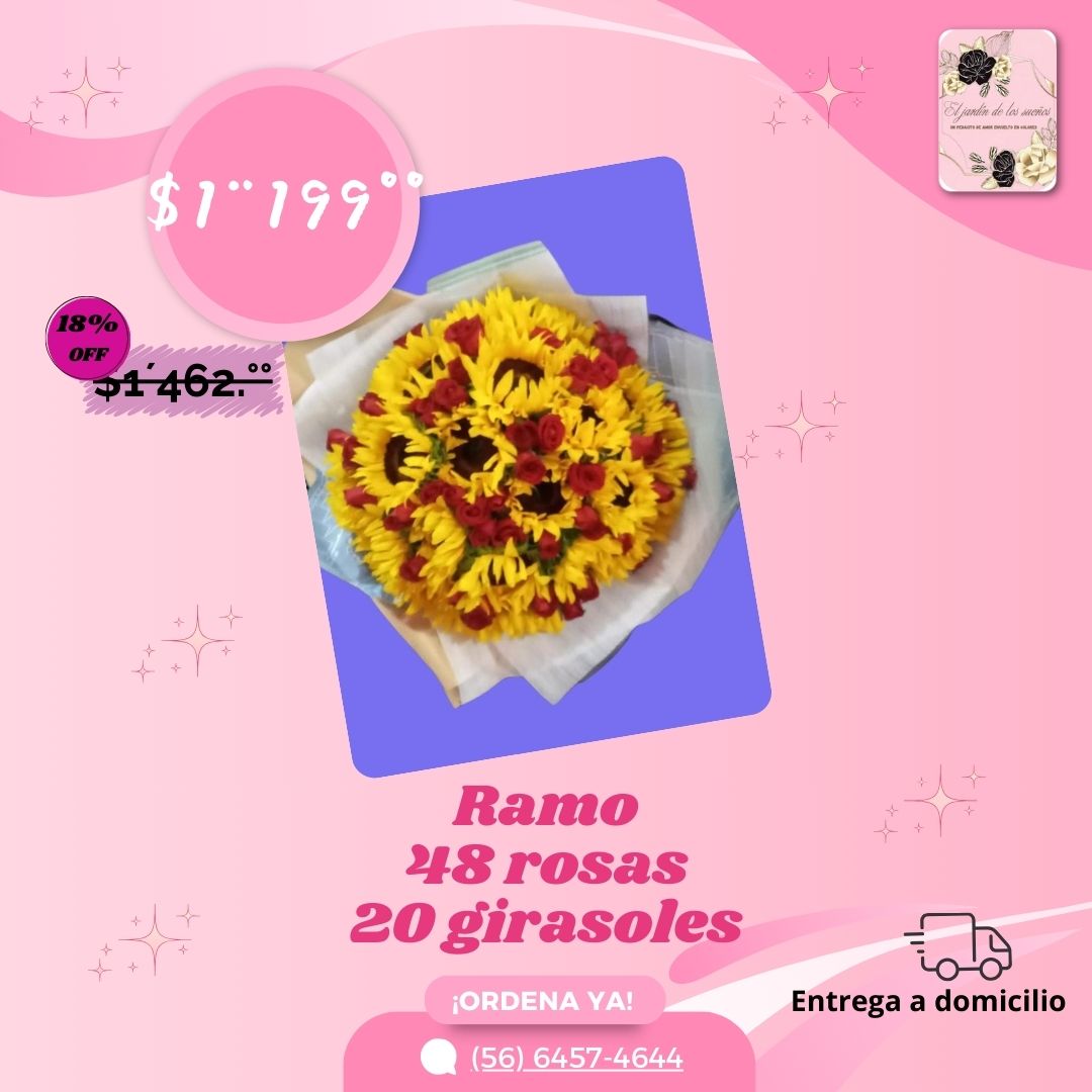 RAMO 48 ROSAS Y 20 GIRASOLES