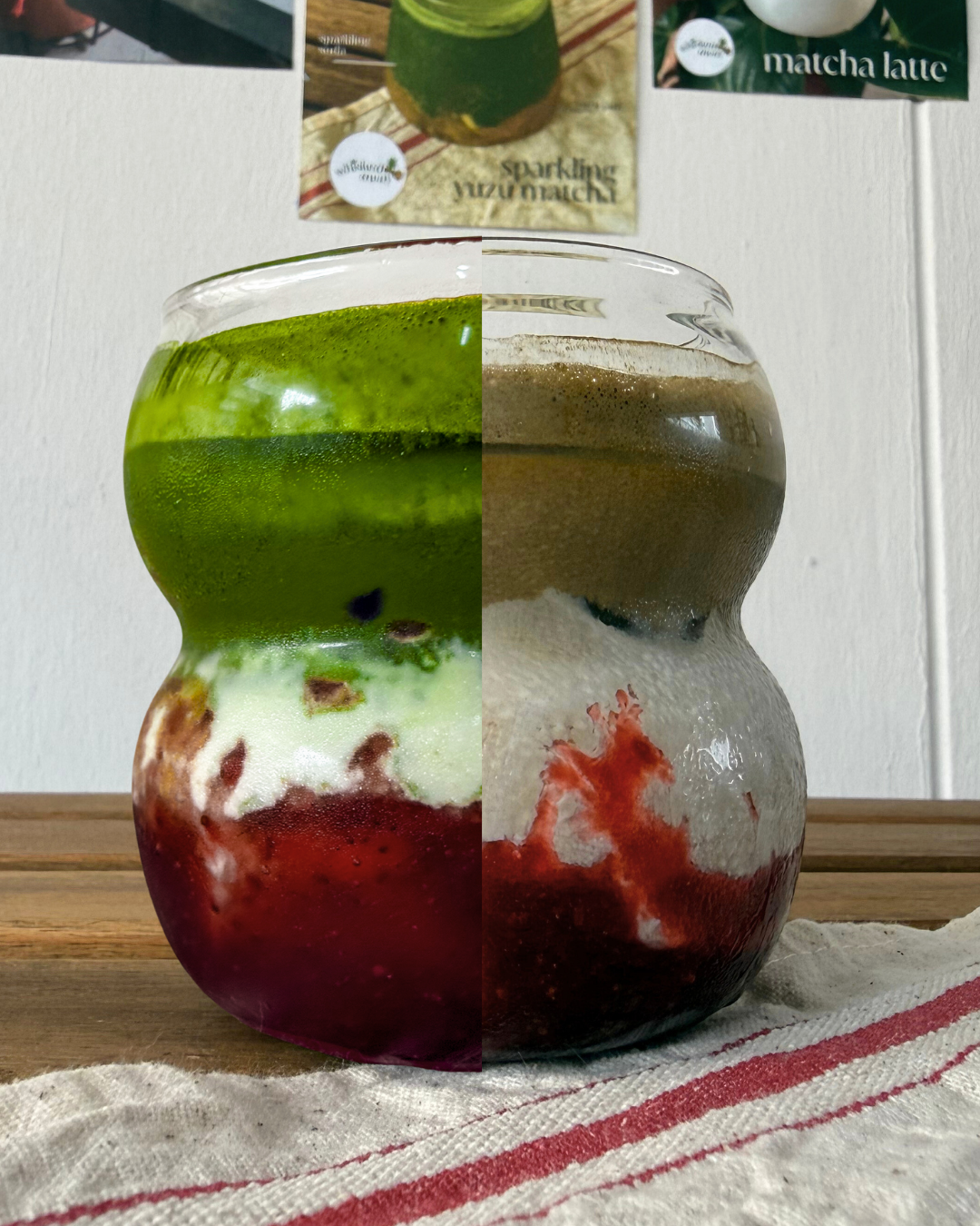  strawberry matcha / hojicha latte
