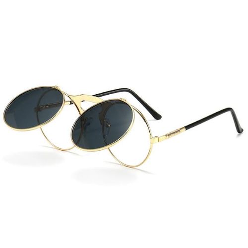 Double Lens Flip Up Lens Steampunk Vintage Retro Style Round Sunglasses - Black