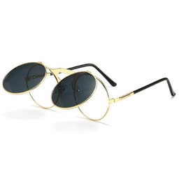 Double Lens Flip Up Lens Steampunk Vintage Retro Style Round Sunglasses - Black