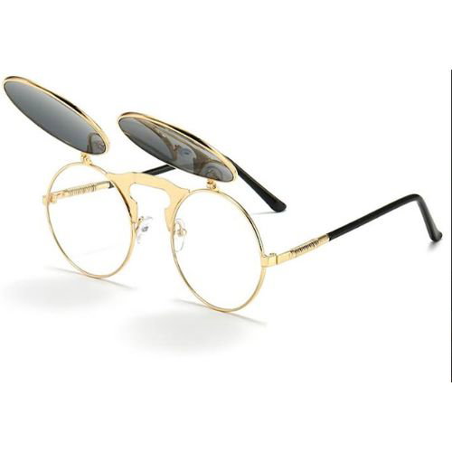 Double Lens Flip Up Lens Steampunk Vintage Retro Style Round Sunglasses - Black_1
