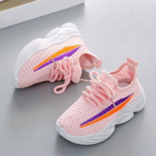 Kids Two-color Strips Sport Lightweight Casual Shoes Girls Breathable Mesh Comfort Children's Sneakers - Pink_2