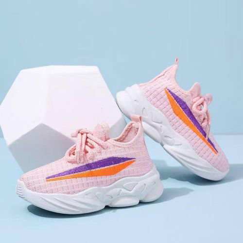 Kids Two-color Strips Sport Lightweight Casual Shoes Girls Breathable Mesh Comfort Children's Sneakers - Pink_1