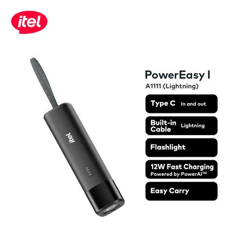 itel PowerEasy1 5000 A1111 Power-Bank 12W Fast Charging Built-in Cable Torch Black