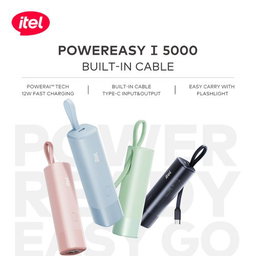 itel PowerEasy1 5000 A1111 Power-Bank 12W Fast Charging Built-in Cable Torch Black