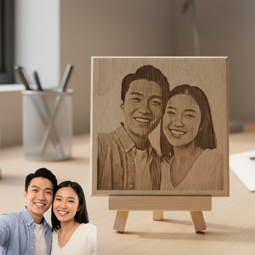 Custom Photo Engraved Rubber Wood Desk Plaque (13cm) - Personalized Keepsake Gift with FREE Stand & Box - Ukiran gambar custom kayu_2