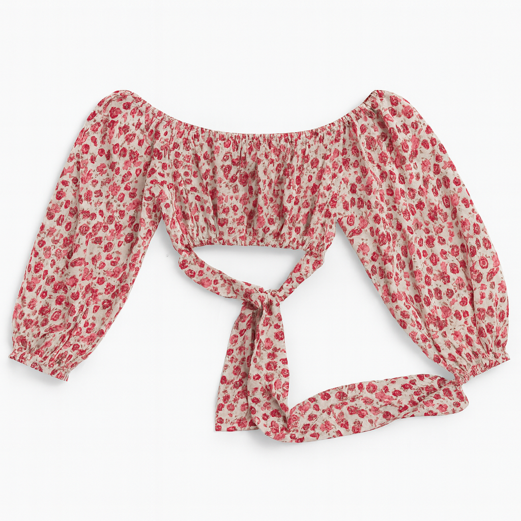 Blusa blanca con estampado floral rojo y lazo frontal - Size S_1