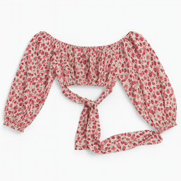 Blusa blanca con estampado floral rojo y lazo frontal - Size S