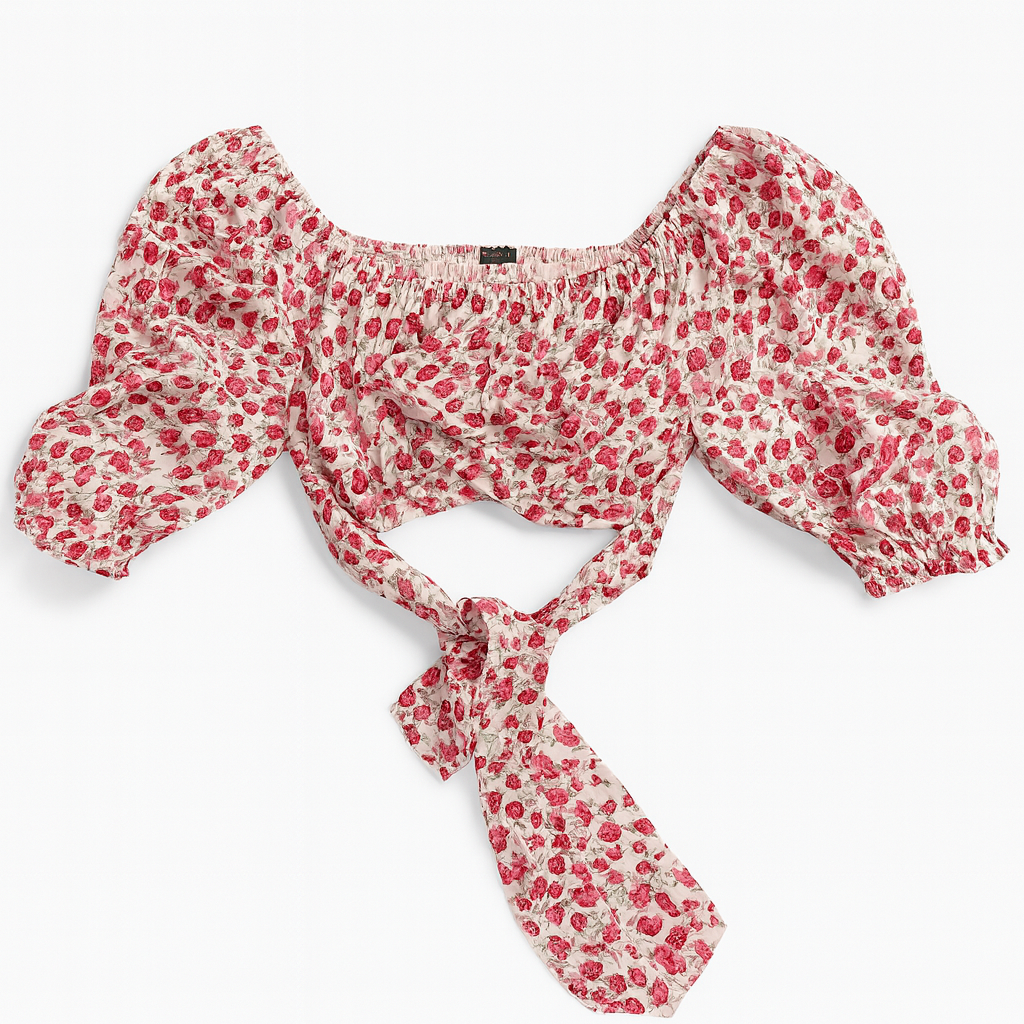 Blusa blanca con estampado floral rojo y lazo frontal - Size S_0