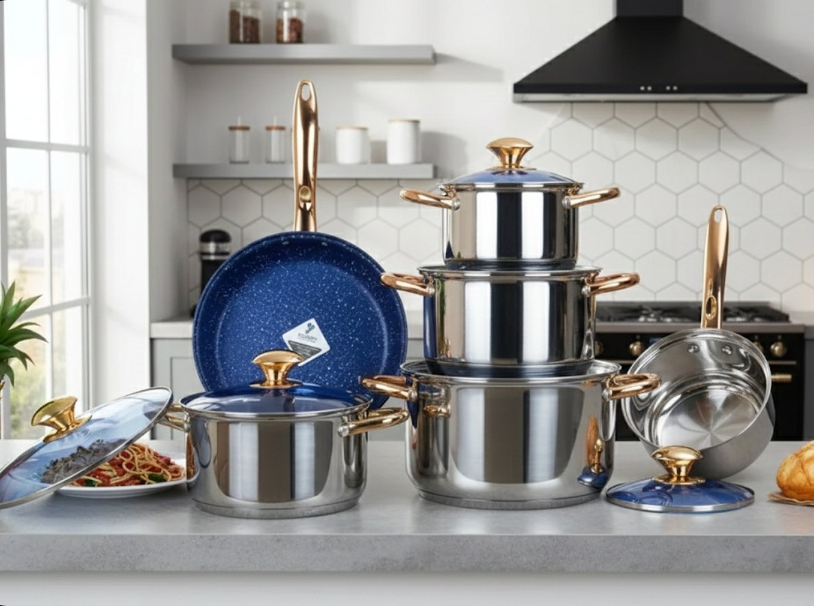  14 Pcs Non-Stick Stainless Steel Cookware Pot Sets with Glass Lids _1