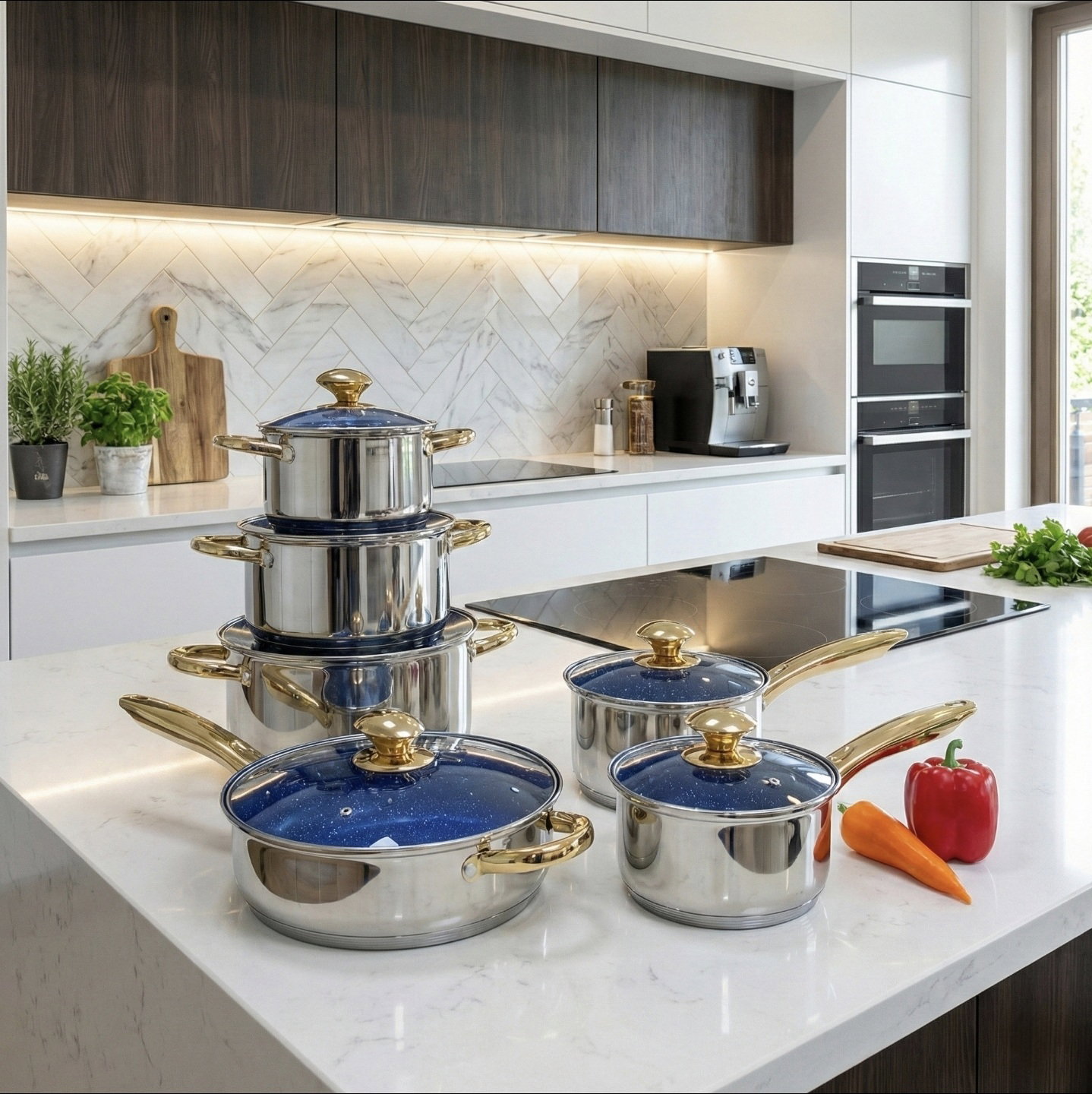  14 Pcs Non-Stick Stainless Steel Cookware Pot Sets with Glass Lids _0