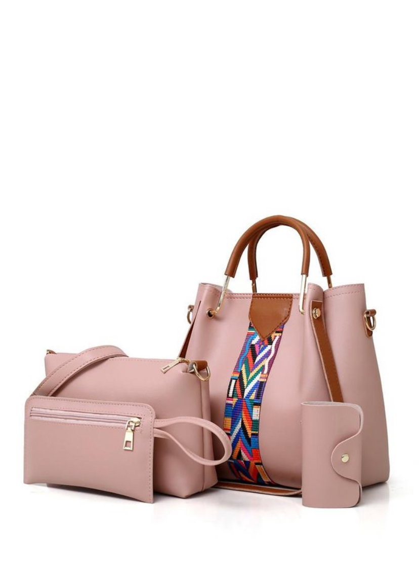 Fashionable women’s bag 4 pieces leather shoulder/handbags Set - Pink _0