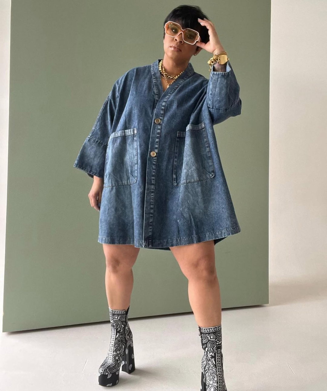 VINTAGE V-Neck Big Pocket denim dress