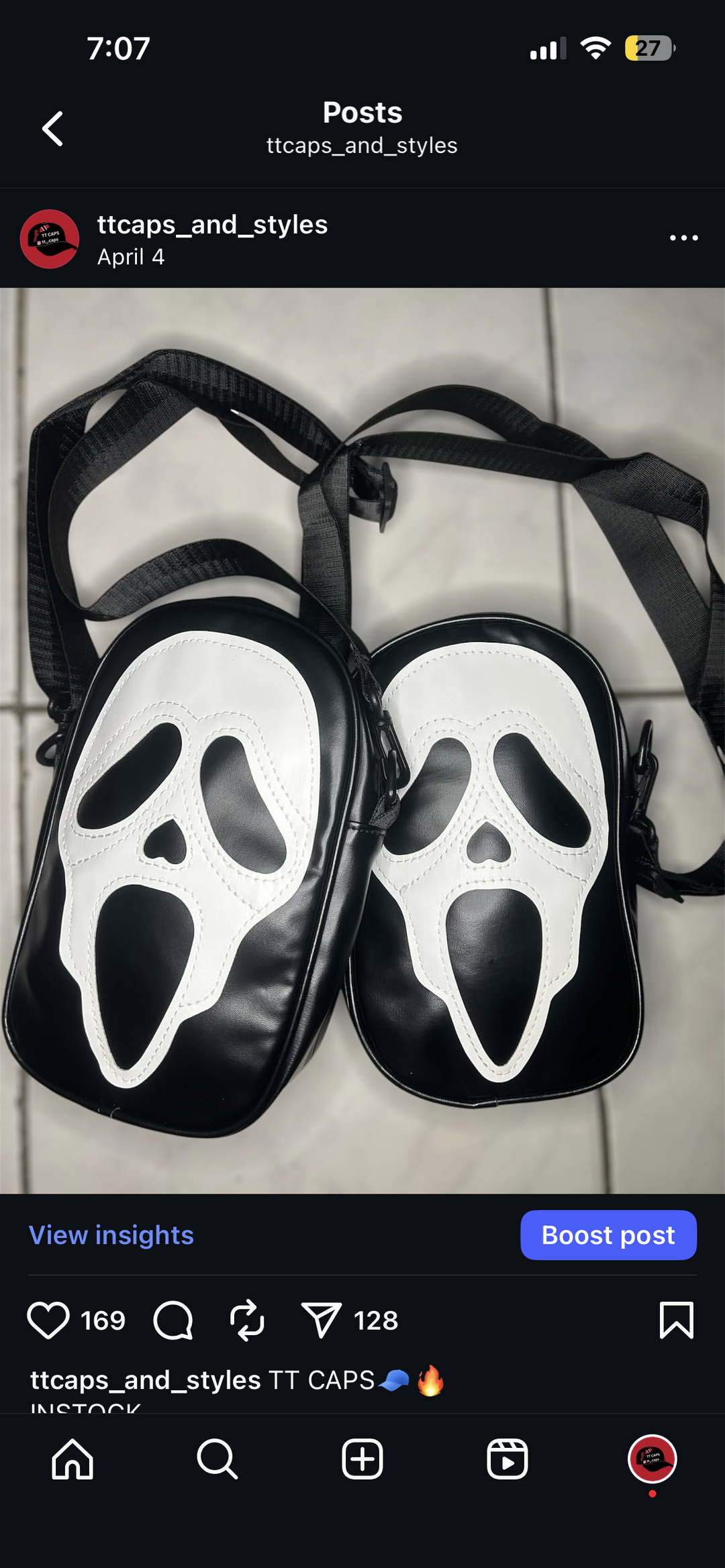 Black and white ghost face bag 