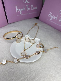 JWLE_0033  white clover-shaped inlays bracelet,earring,ring,necklace set