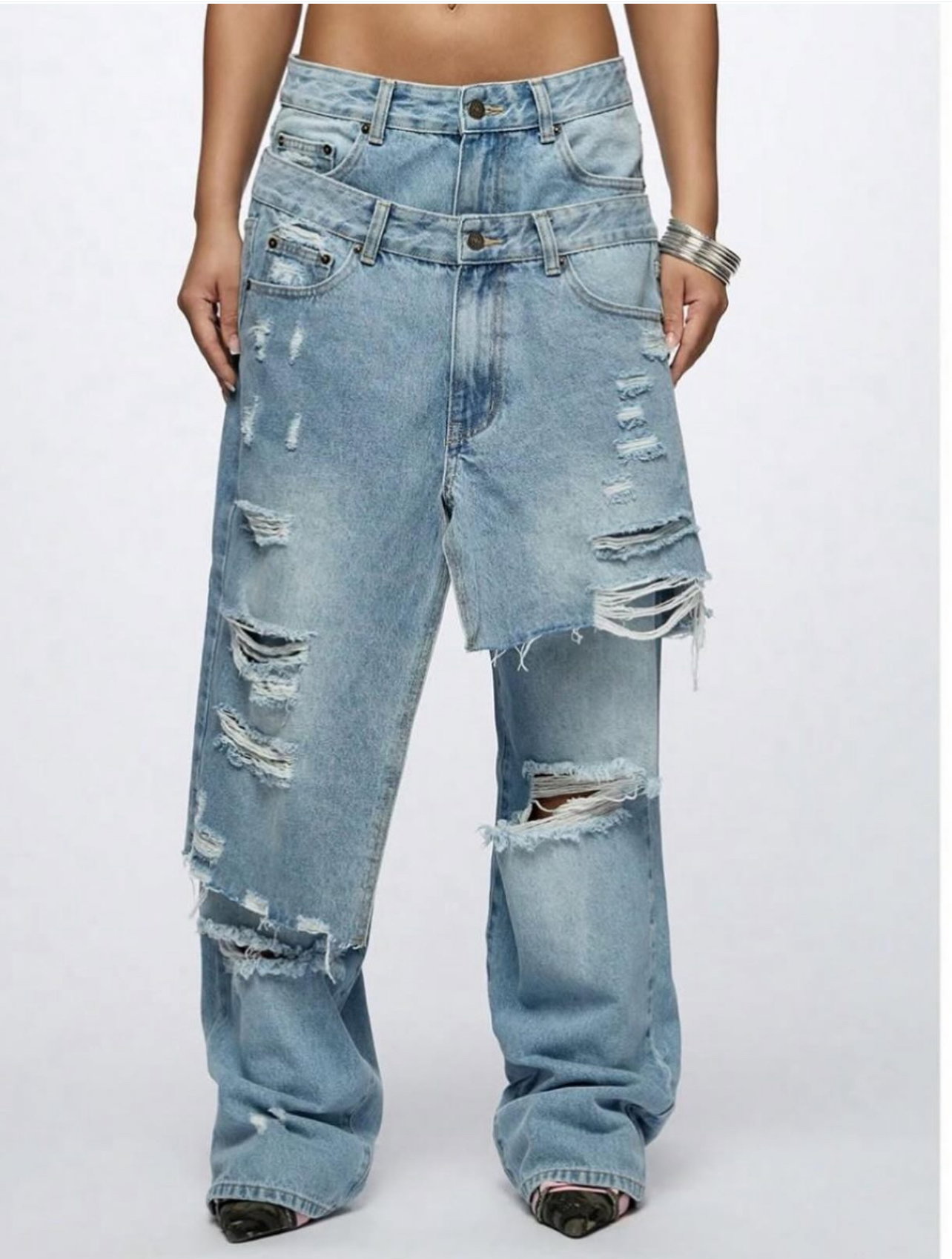 2pcs splitting high waist pants_0