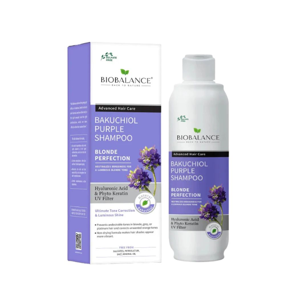 BIO BALANCE BAKUCHIOL PURPLE SHAMPOO - 330ML | بايو بالانس شامبو الباكوشيول للشعر السلفر والبلاتيني - 330 مل
