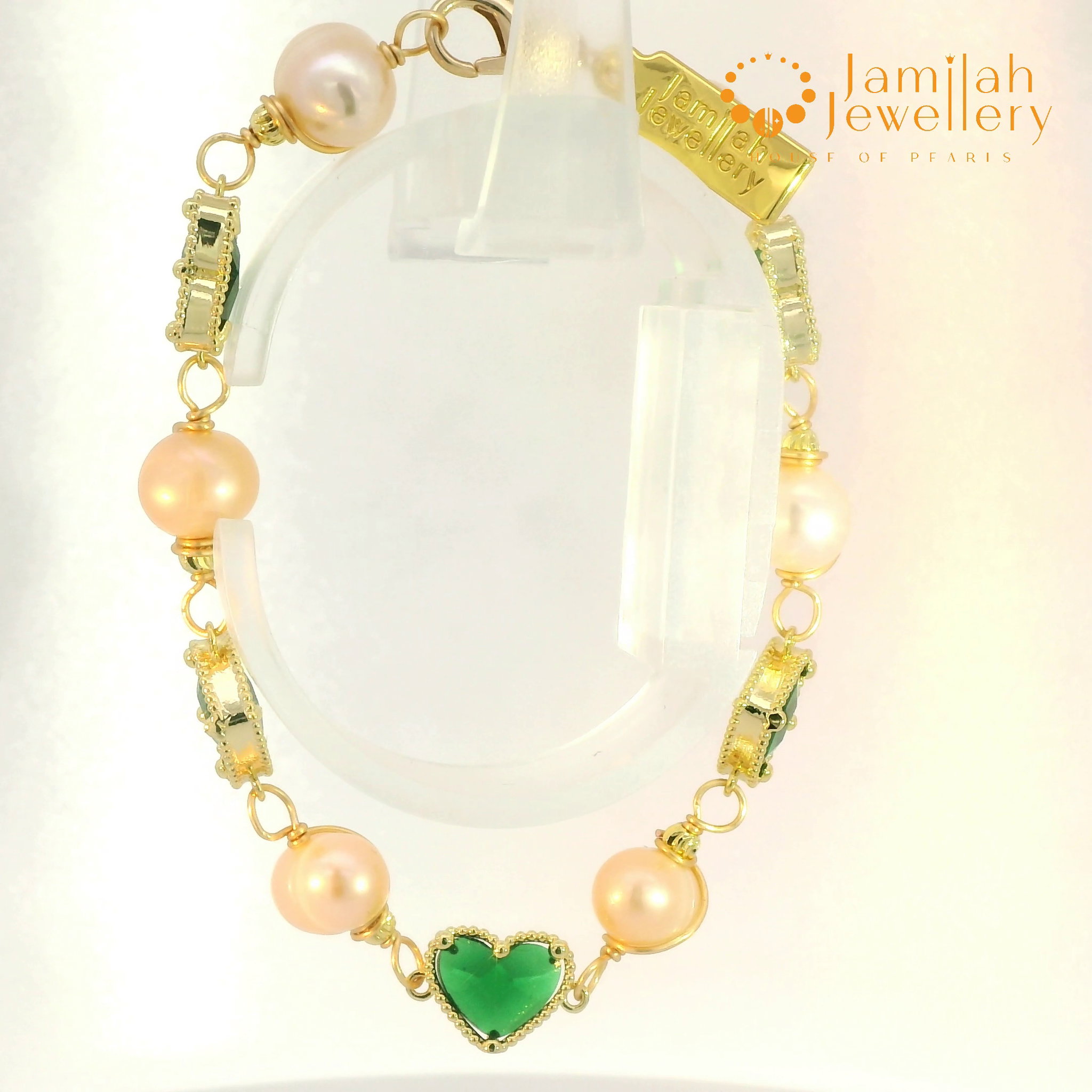 Freshwater Pearl with Green Cubic Zirconia Heart, Copper Wire Wrapped_2