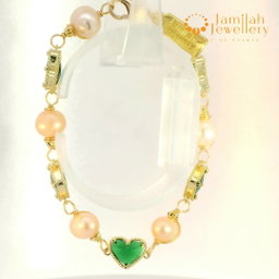 Freshwater Pearl with Green Cubic Zirconia Heart, Copper Wire Wrapped