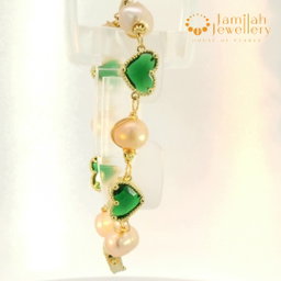 Freshwater Pearl with Green Cubic Zirconia Heart, Copper Wire Wrapped