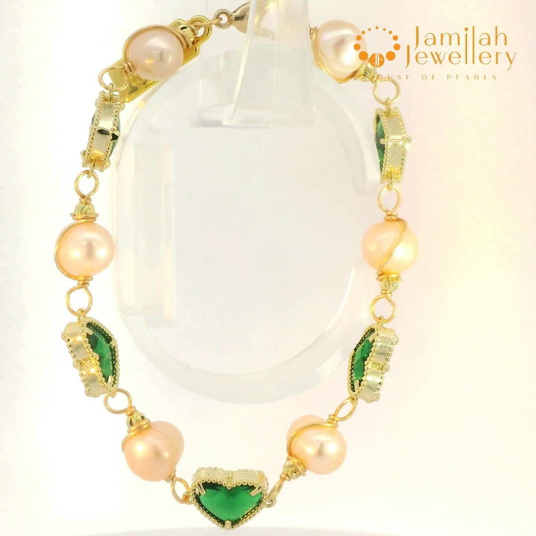 Freshwater Pearl with Green Cubic Zirconia Heart, Copper Wire Wrapped