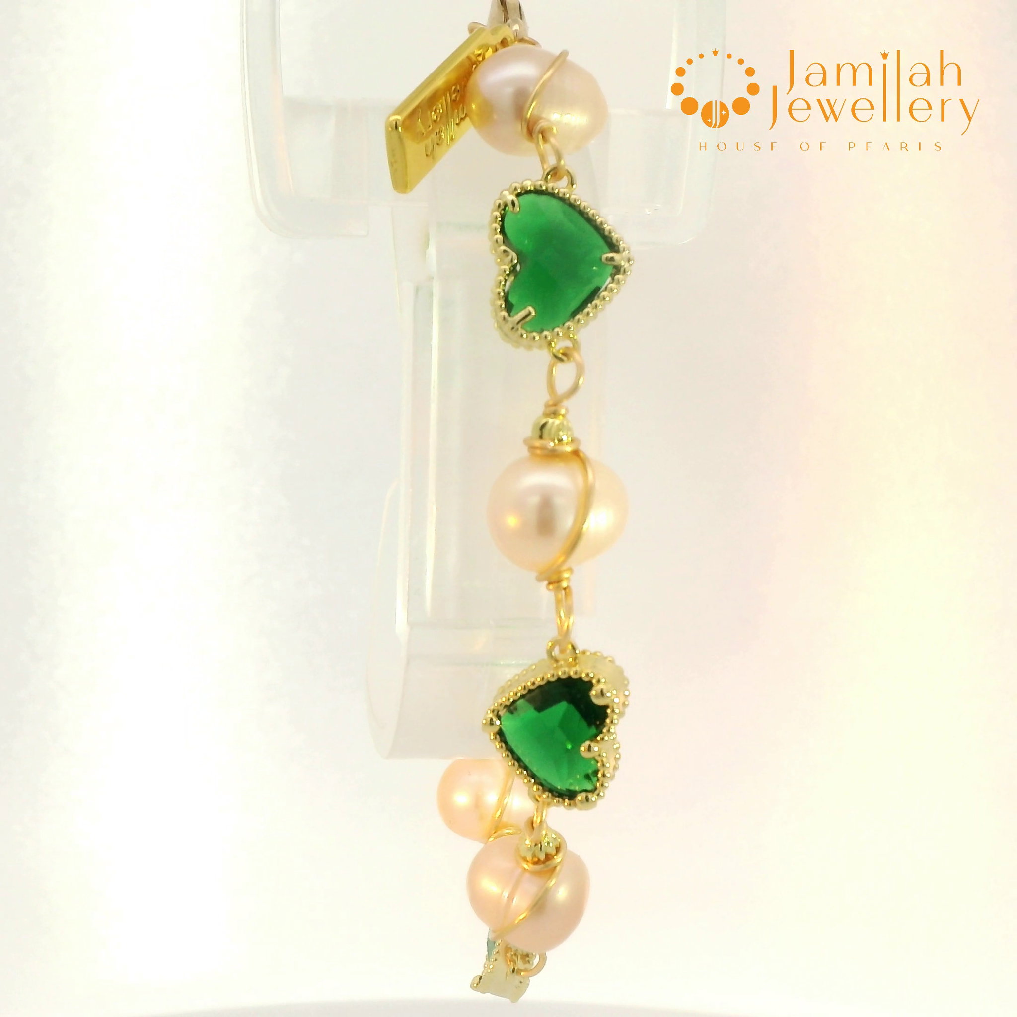 Freshwater Pearl with Green Cubic Zirconia Heart, Copper Wire Wrapped_3