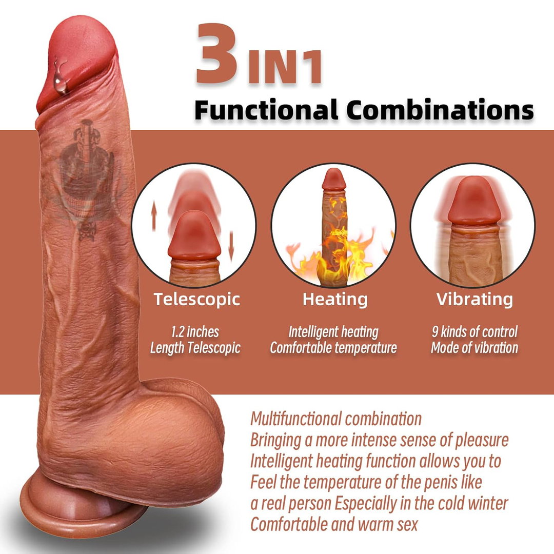 8.7" Huge Thrusting Heating Vibrator Big Dildo Telescopic