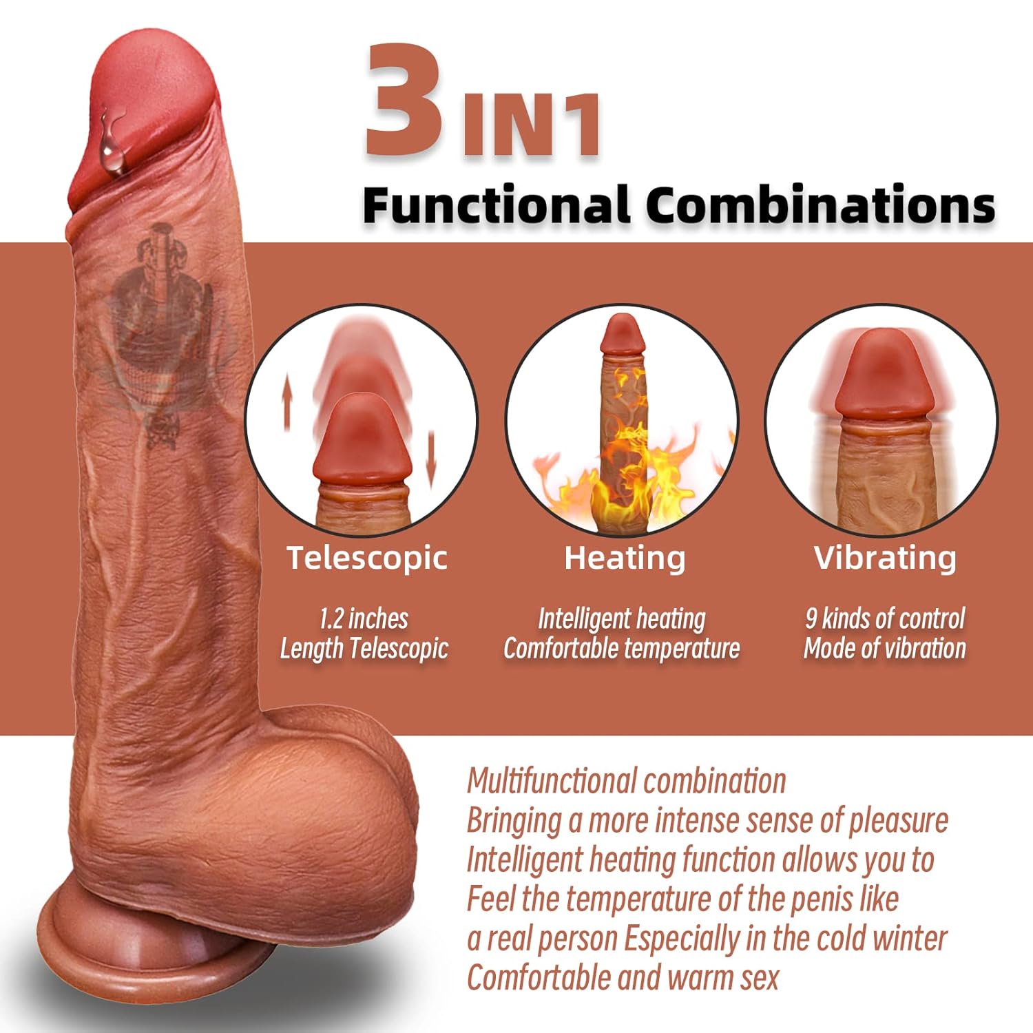 8.7" Huge Thrusting Heating Vibrator Big Dildo Telescopic _0